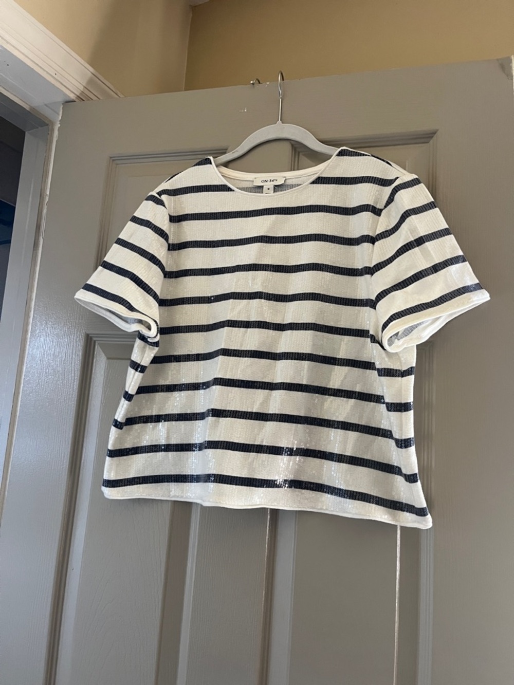 Striped Sequin Short Sleeve Top - White & Navy -